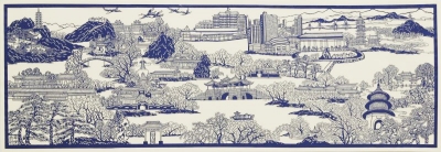 扬州风景剪纸作品《春到古运河》